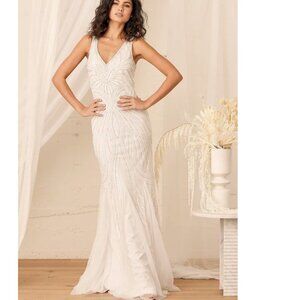 Size Tag Missing Lulus Make Them Marvel White Beaded Mermaid Maxi Dress NWOT